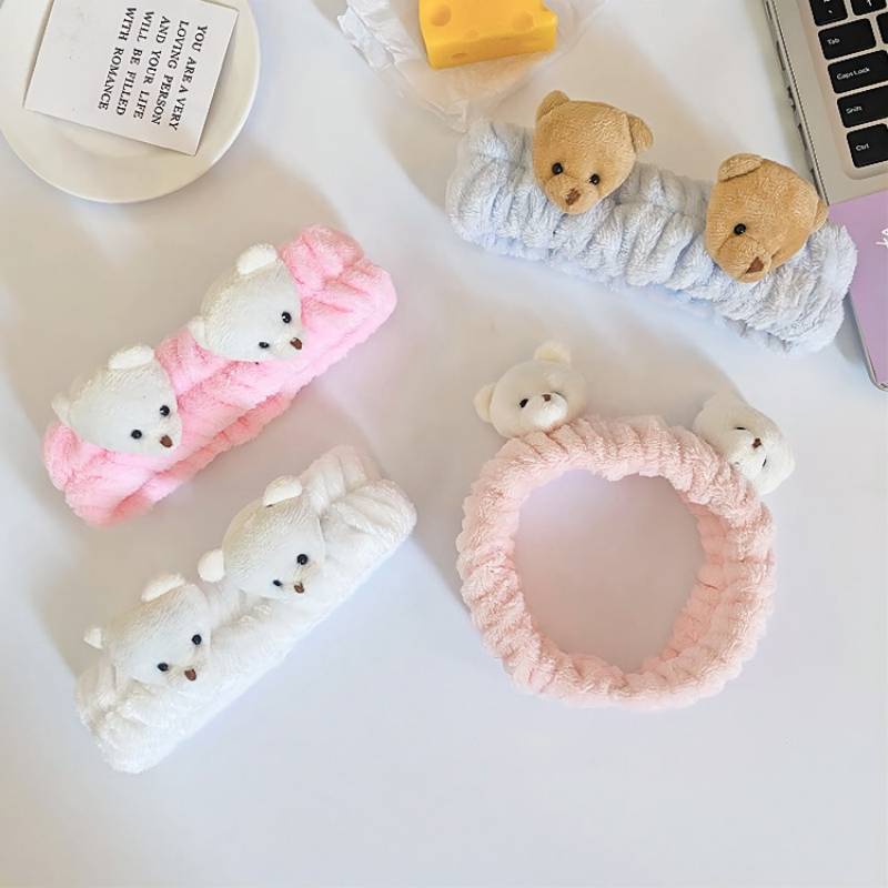 Corea del Sur tridimensional de dibujos animados muñeca de felpa lavado de cara banda de pelo lindo oso diadema hembra borde ancho maquillaje accesorios para el cabello tocado