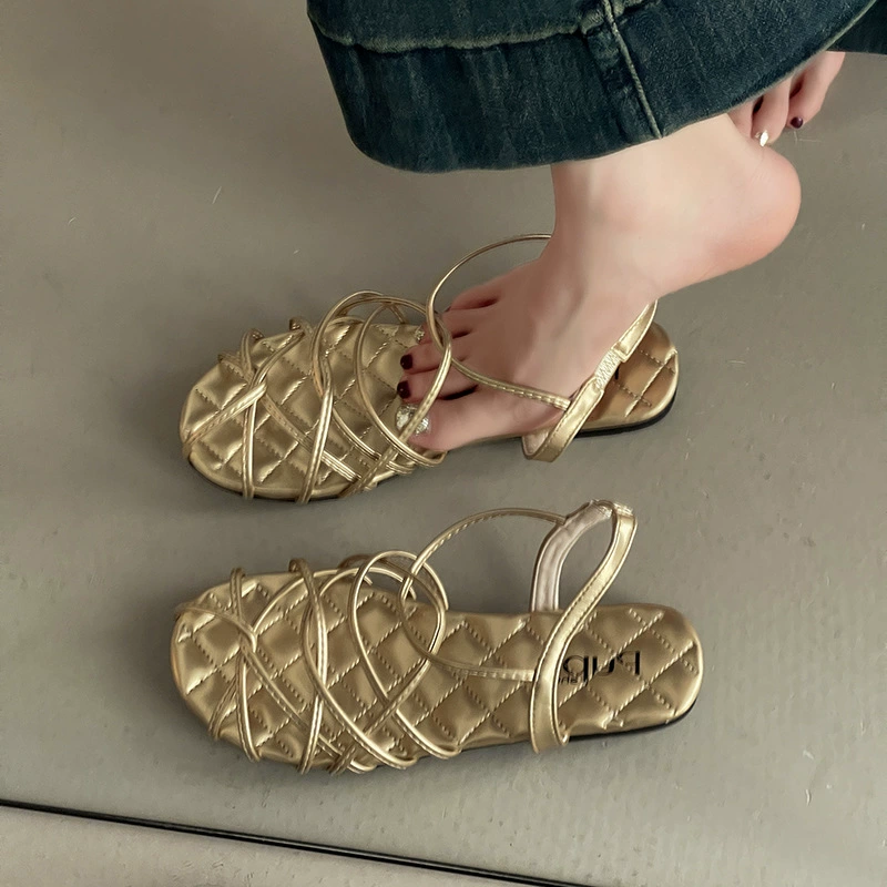 Модные женские летние римские сандалии на плоской подошве с тонкими ремешками во французском ретро-стиле, летние корейские сандалии с универсальным ремешком