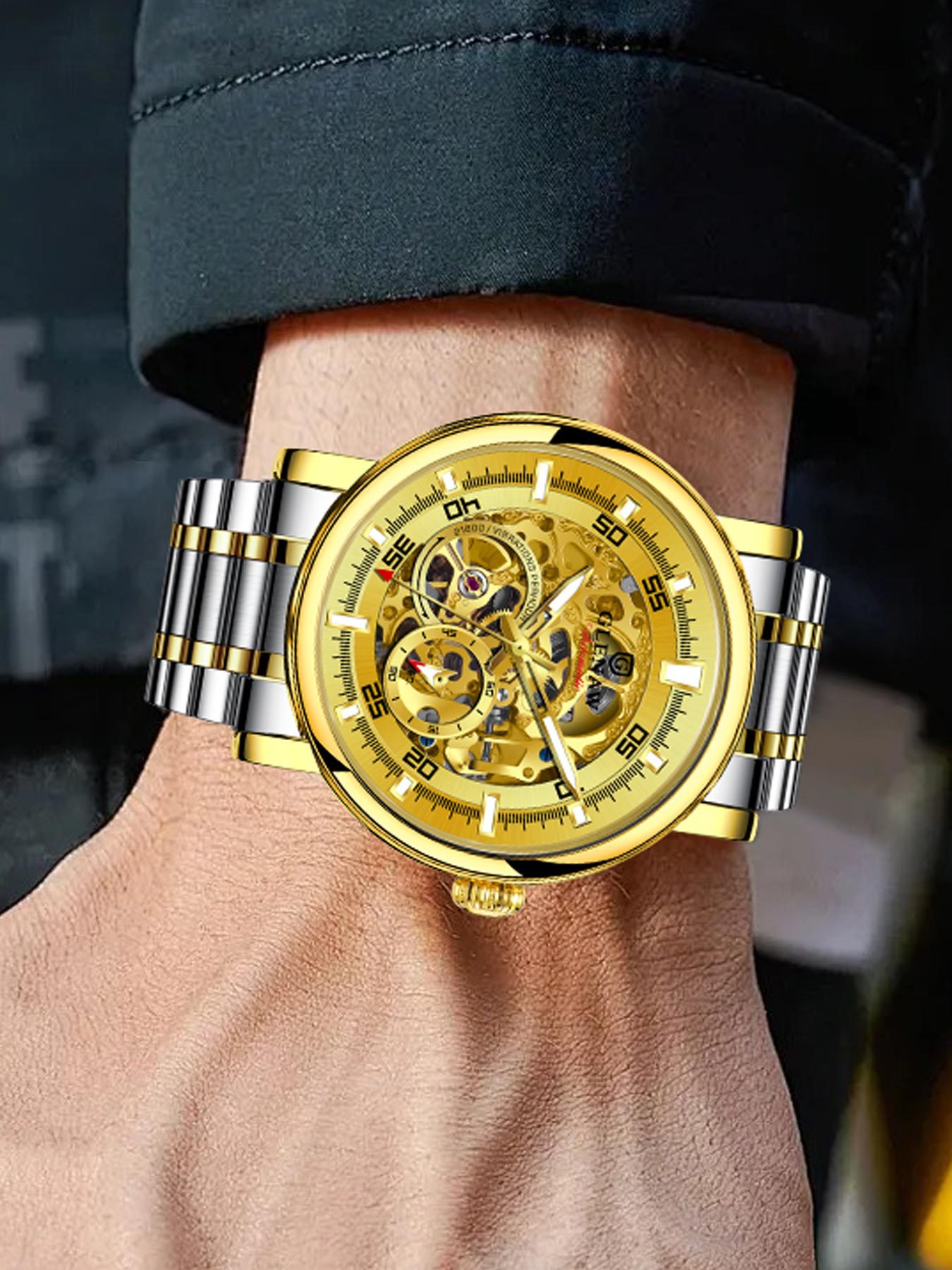 Đồng hồ nam cơ tự động lộ máy Glen, chống nước, dạ quang, kiểu dáng hiện đại — Thắt lưng thép vàng vỏ vàng 8307 giữa các bề mặt vàng, Thắt lưng thép vàng vỏ xanh 8307, Thắt lưng thép bề mặt đen vỏ bạc 8307, Dải thép bề mặt màu xanh vỏ bạc 8307 chi tiết 3