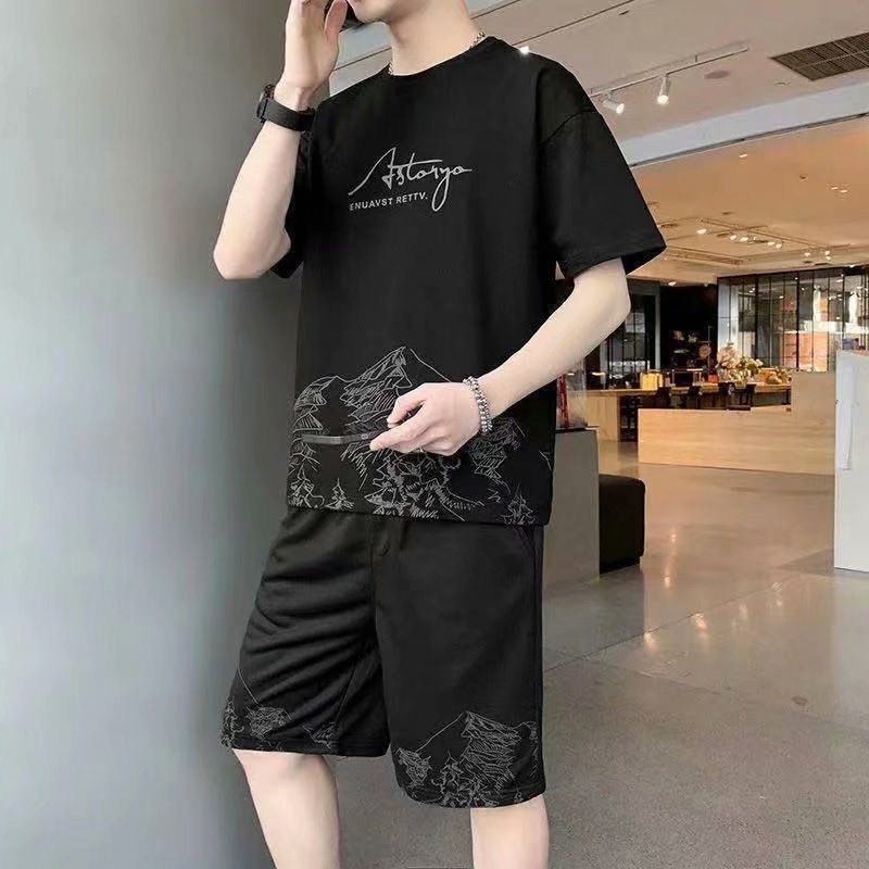 Impreso de moda de manga corta Camiseta traje de los hombres de estilo coreano verano nueva sensación de hielo más tamaño suelto baloncesto deportes conjunto de dos piezas