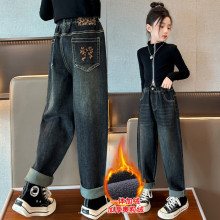 女童牛仔裤儿童洋气长裤子中大童老爹裤韩版潮加绒加厚秋冬季新款