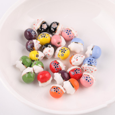 10pcs Japanese style lucky cat good wealth DIY Jewelry Accessories Beads Loose Beads hand painted Ceramic Lucky Cat DIY Bracelet necklace Side Hole Cat
