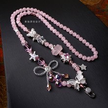 泰伽泰国佛牌链子粉晶双尖闪灵蝴蝶结快拆多用挂扣天然粉水晶项链