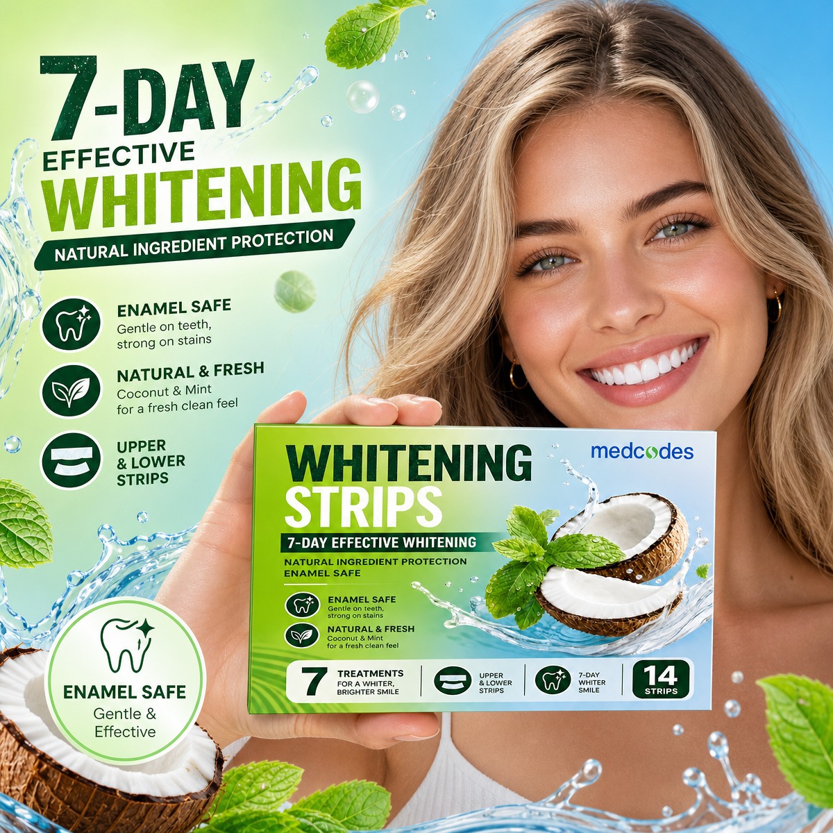 New tooth whitening strips from the original manufacturer, designed to remove smoke stains, whiten teeth, and eliminate yellowing. Includes 7 pairs of coconut mint flavored strips