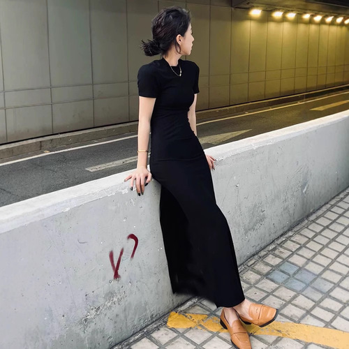 Pure Desire Sexy Slit Little Black Dress Long Dress Summer New Arrival Slimming High-Waisted Slit Reveal Leg Women's Trendy Wholesale
