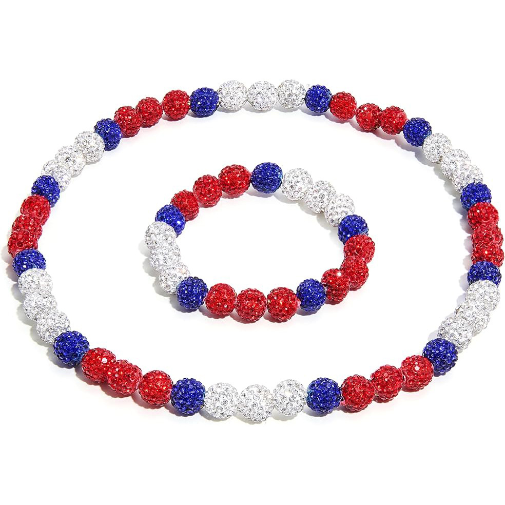 亚马逊新款彩色陶泥水钻项链手链套装 彩色钻球串珠棒球手链项链