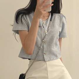 韩国chic夏法式百搭单排扣圆领上衣体恤泡泡袖洋气小众短款外套女
