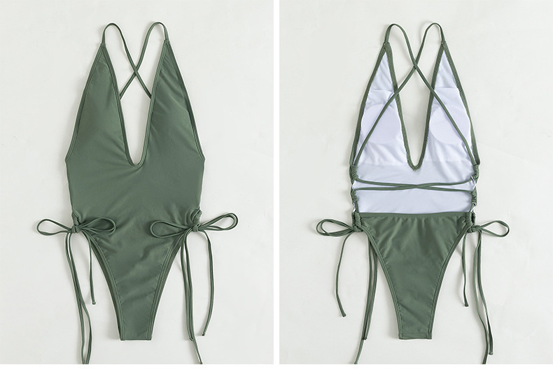 One-piece Swimsuit Deep V Neck Sexy Solid Colour Beach Bikini_voghion.com