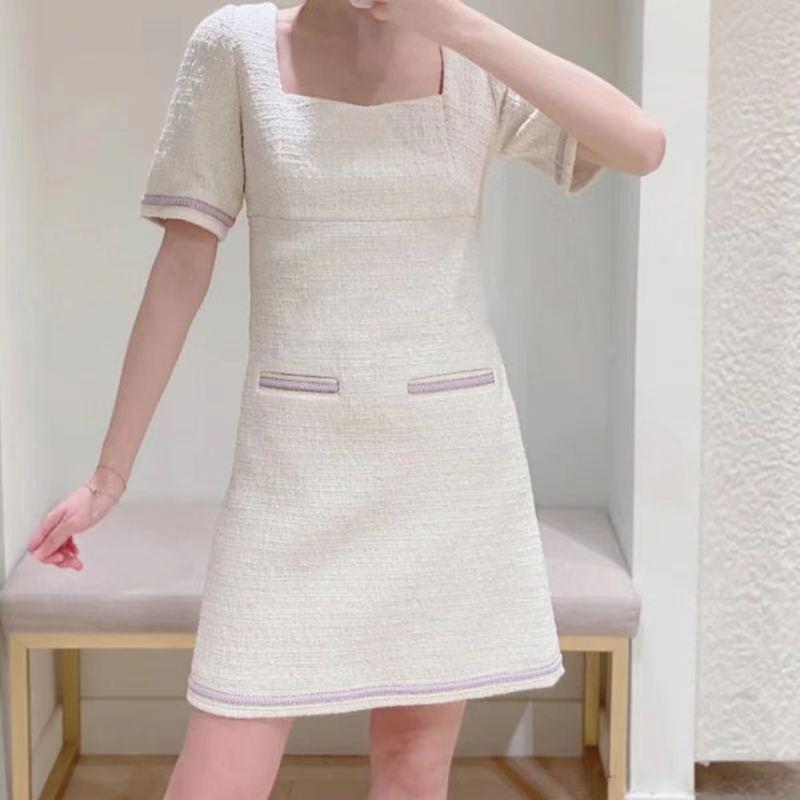 Fa Single M Home 2021 New Elegant Ladies Style Square Collar Simple Jacquard Slim Dress Women's 13005 Clear
