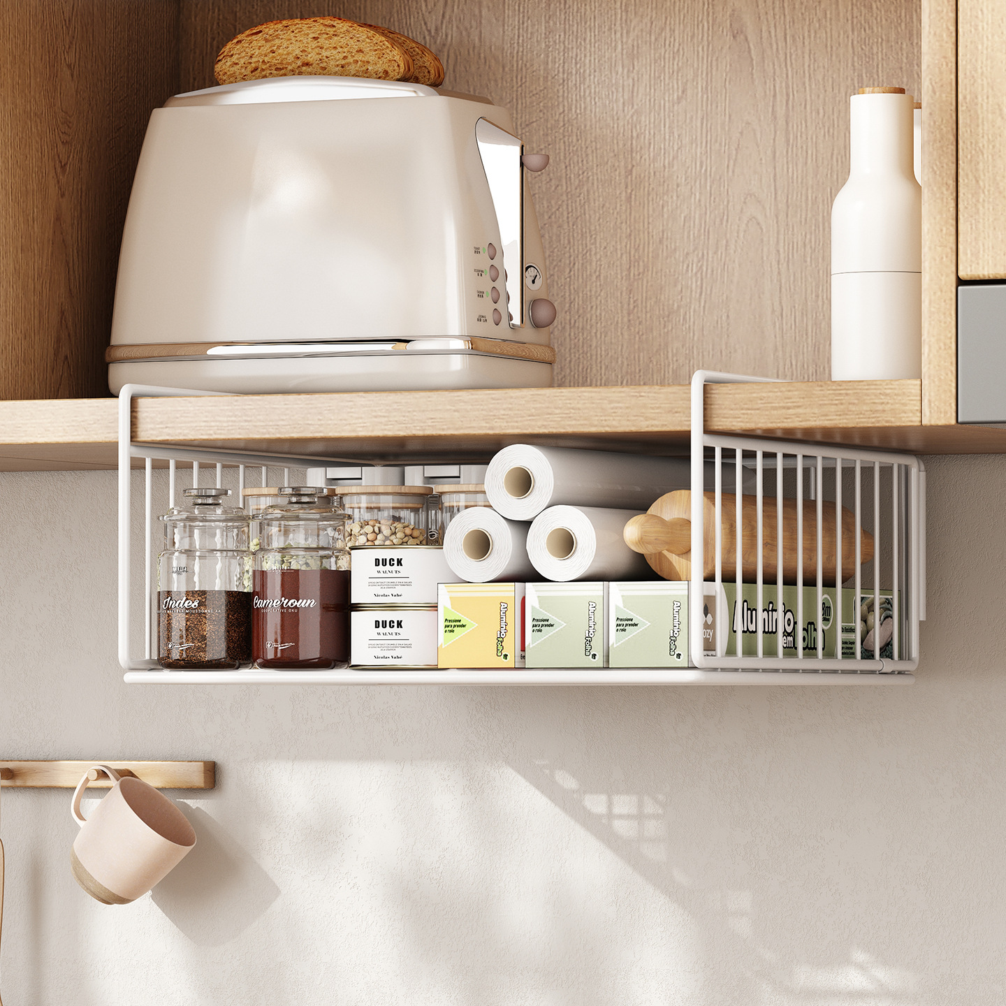 Hanging Basket under the Kitchen Cabinet, Hanging Cabinet Paper Towel Holder, Hanging Storage Rack, Storage Rack, Hanging Rack, Punch-Free Layered Rack