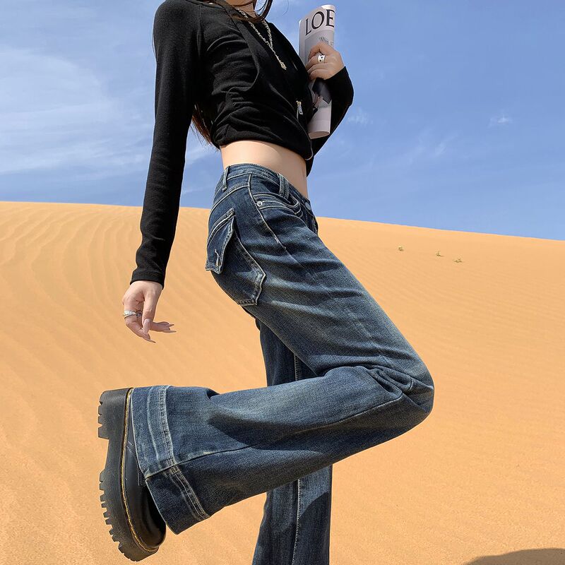 American-Style Low-Waist Flared Jeans for Women, 2025 Autumn New Style, Dark Blue, Slim Fit, Stretchy Flared Pants