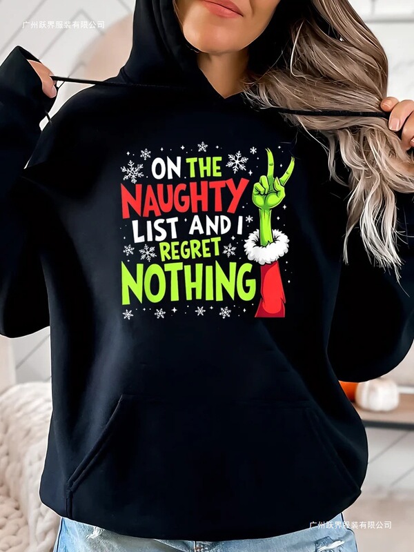 The Mischievous List's Quirky Handprint and I'M Not Regretting It Christmas Hoodie for Women's Holiday Party Wear in Black, Plus Size