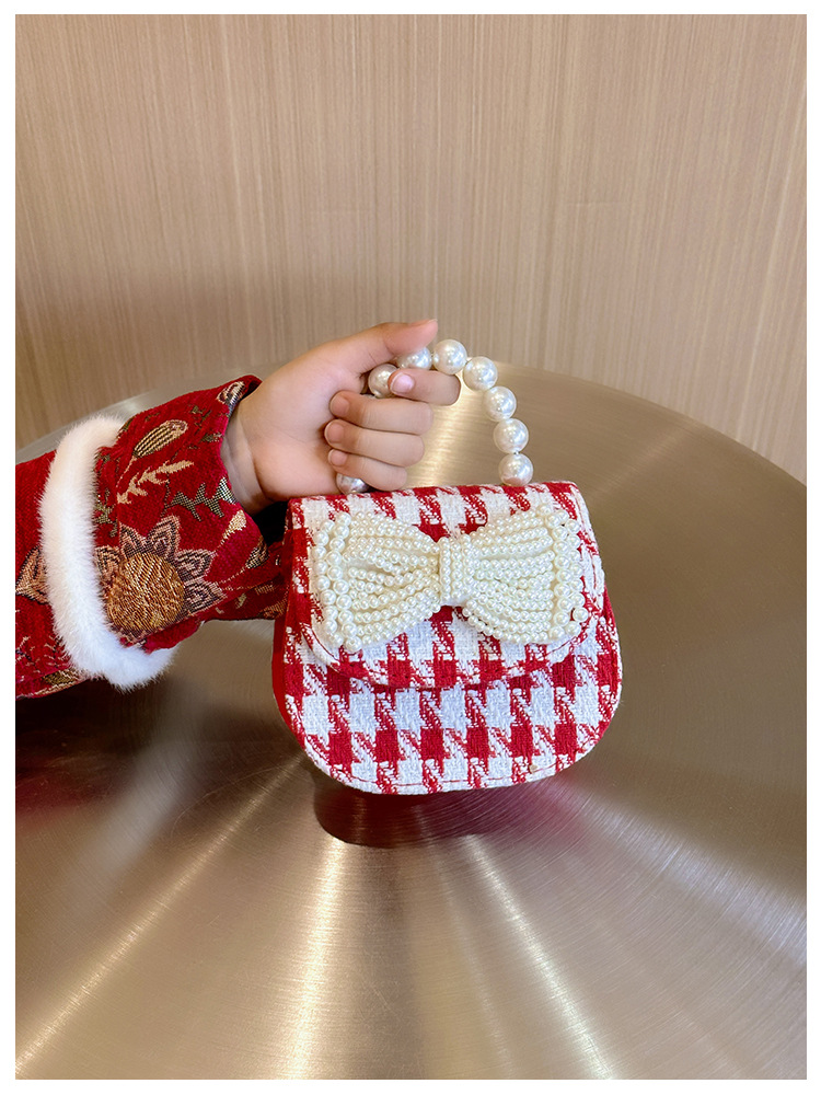 Women's Cotton And Linen Plaid Cherry Bow Knot Cute Beading Pearls Shell Flip Cover Crossbody Bag display picture 8