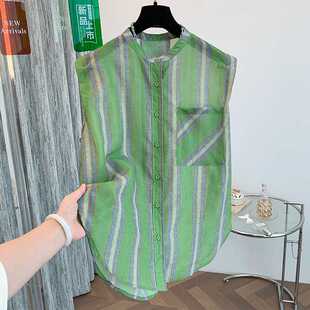 Real Shot of Green Apple Stripesd Sleeveless Shirt for Women 2025 New Loose, Light and Super Nice Style Shirt Top