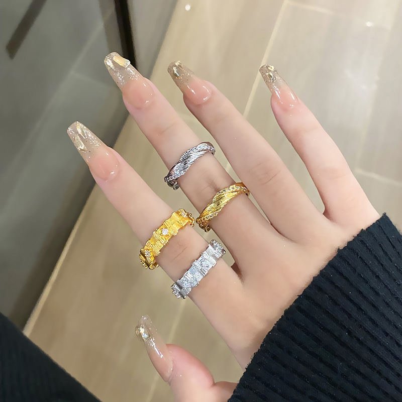 簡約輕奢編織拉絲紋理開口戒指女凹凸高級感小眾設計宮廷食指戒