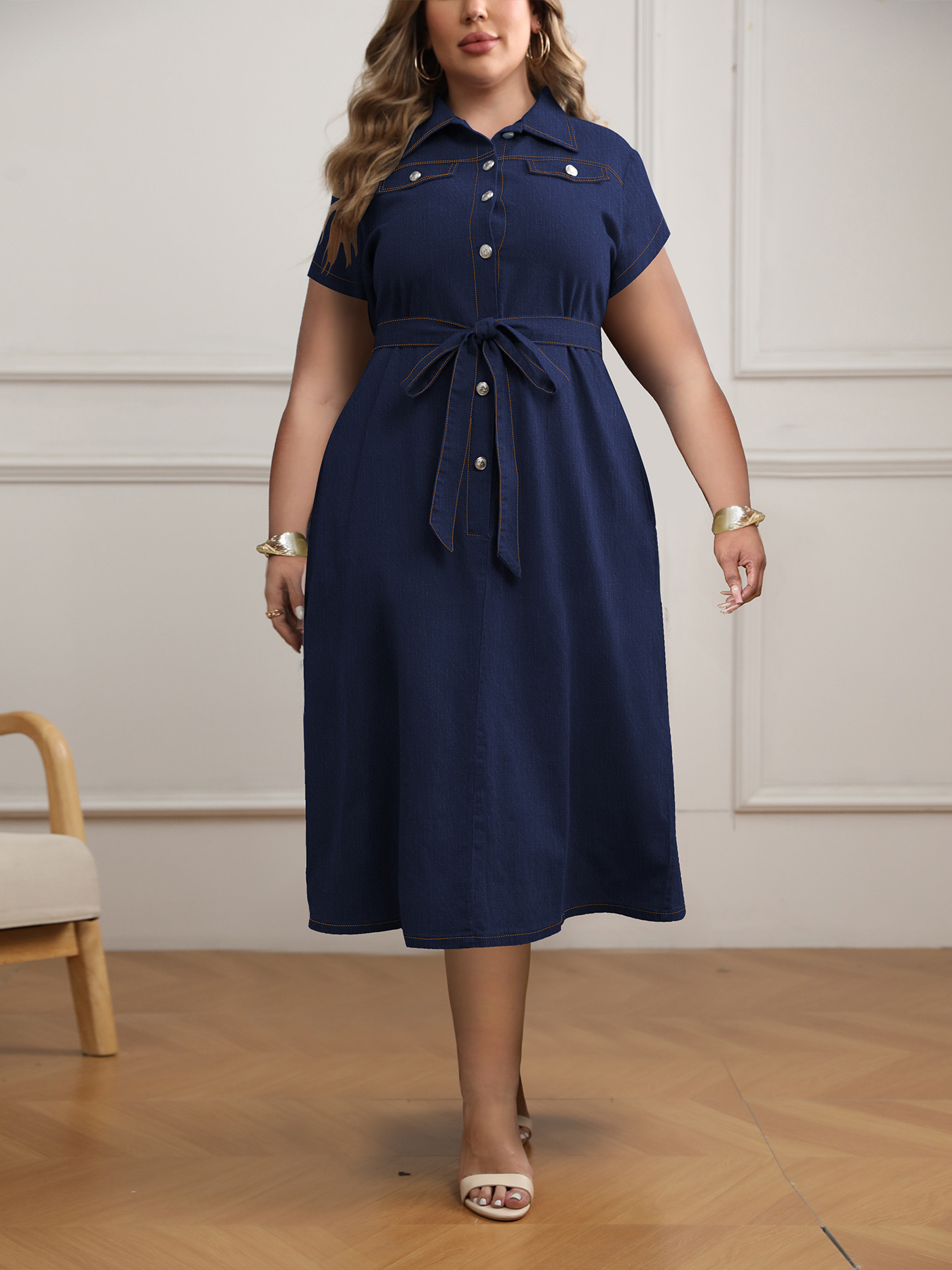 Damen Plus Size Jeans-wickelkleid Mit Gürtel Und A-linien-schnitt_voghion.com