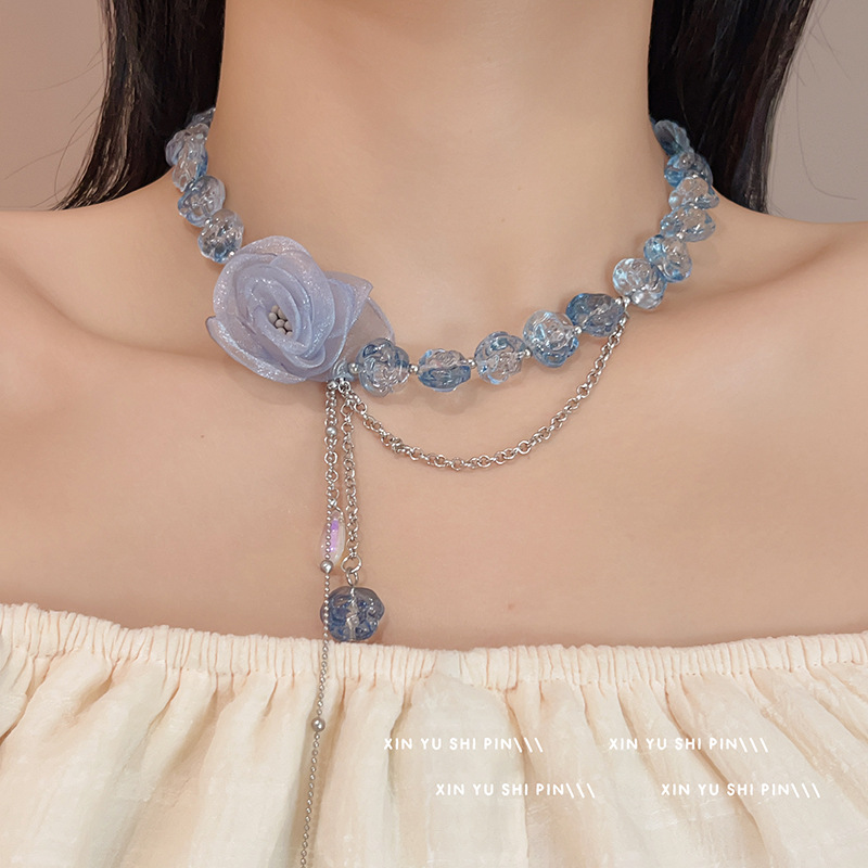 Super Fairy Style Rose Flower Water Drop Tassel Necklace Elegant Light Luxury Niche Sweet Cool Summer New Style Clavicle Chain for Women