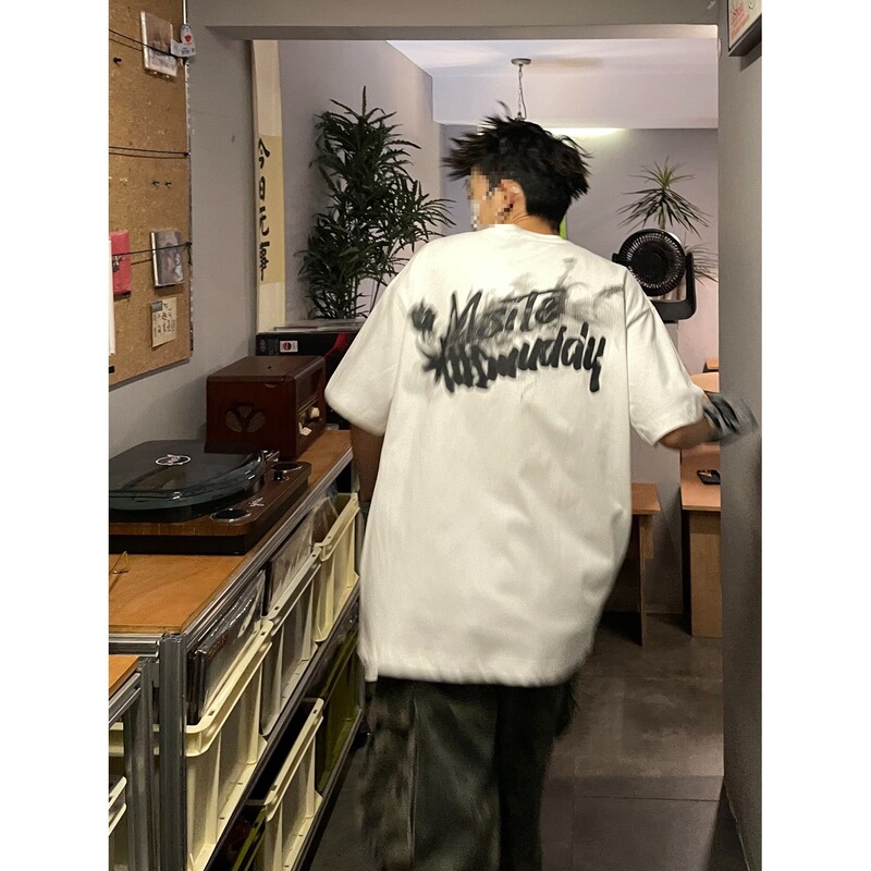 Digital Direct-Print American-Style Smoke Blur Letter Design Short-Sleeve T-Shirt Unisex Sports Casual Ins Top