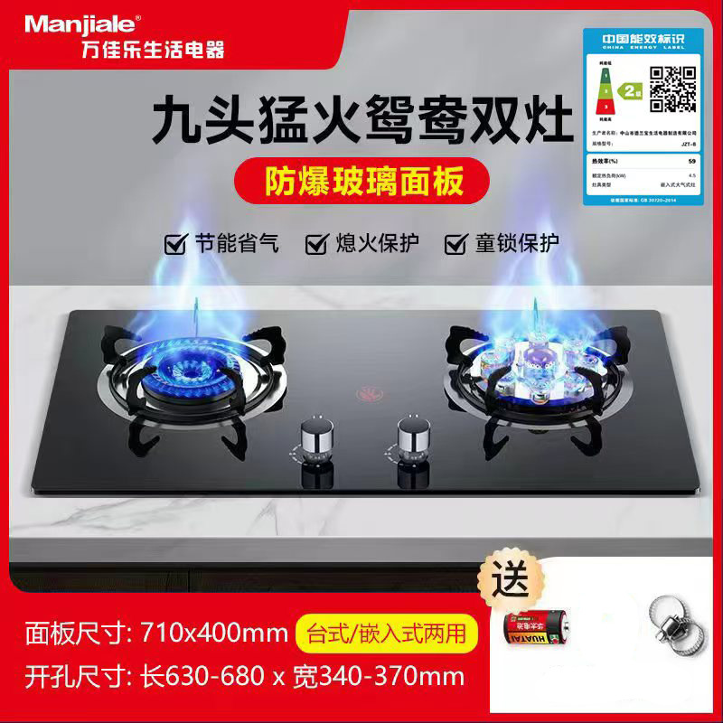 Wanjiale Life Panel de acero inoxidable Losa de roca Estufa de gas de fuego de nueve cámaras Dispositivo de protección contra incendios Estufa doble integrada