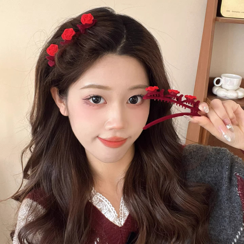 红色爱心植绒编发发夹女2025新款碎发整理神器公主头侧边抓夹发饰|undefined