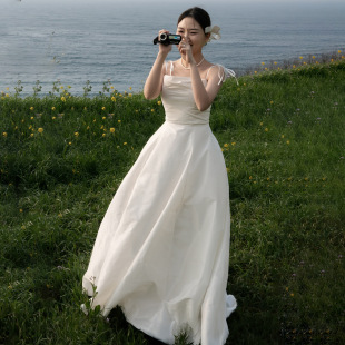French Style Light Wedding Dress Satin Simple Niche Design Advanced Sense Travel Showbelt Photo Studio Theme Photo Dress for Women