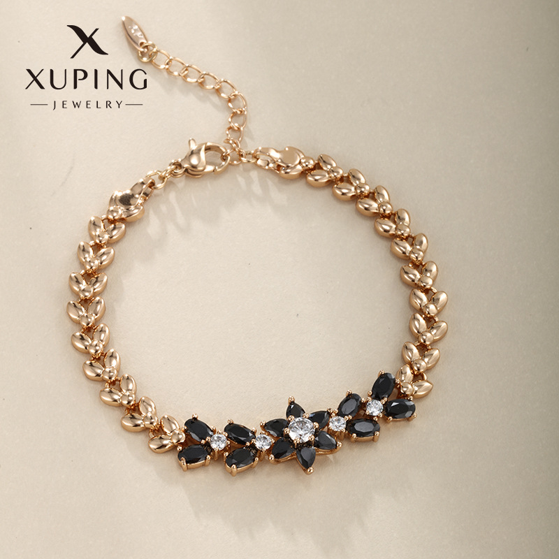 Xuping Cross-border nueva moda aleación de cobre chapado en oro flor pulsera mujer piedra preciosa artificial negra joyería de personalidad europea y americana