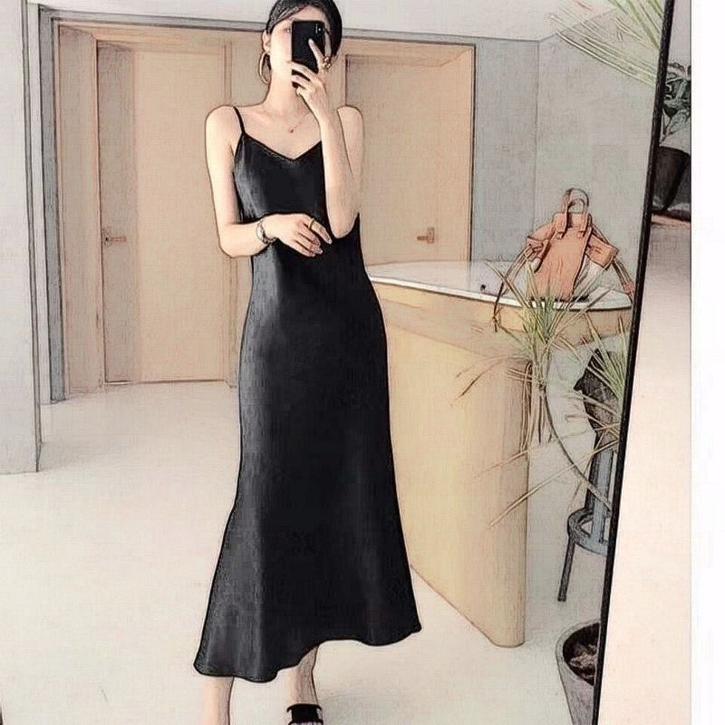 [Four Seasons] 2023 Summer Trendy Women's New Fashion Imitation Triacetate Dress Long Satin Slip Dress