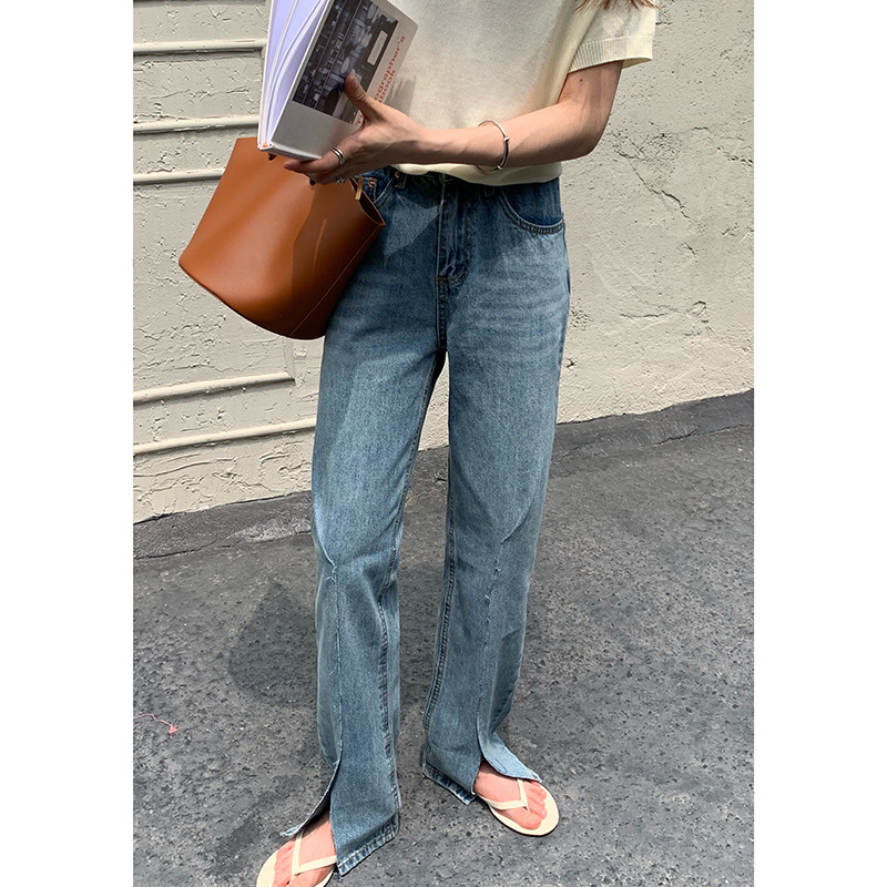 譽壹2021新款十三行女裝ins批發休閑牛仔開叉直筒褲高腰牛仔褲女