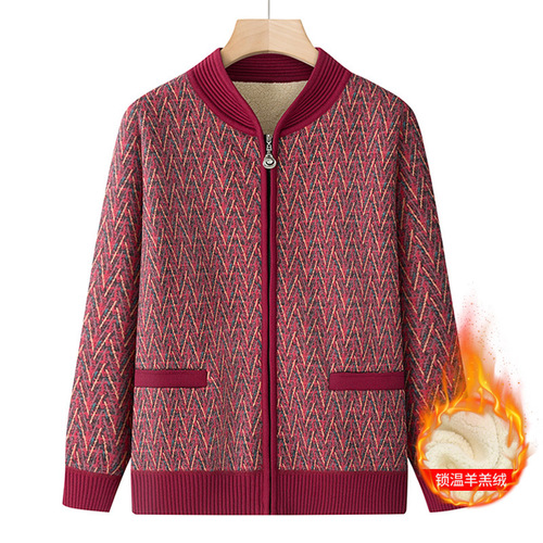 Women's Wool Coat Sweater for Middle-Aged and Elderly, with Fleece Open Shirt for Grandmothers, Thick 60-Year-Old Autumn/Winter Top