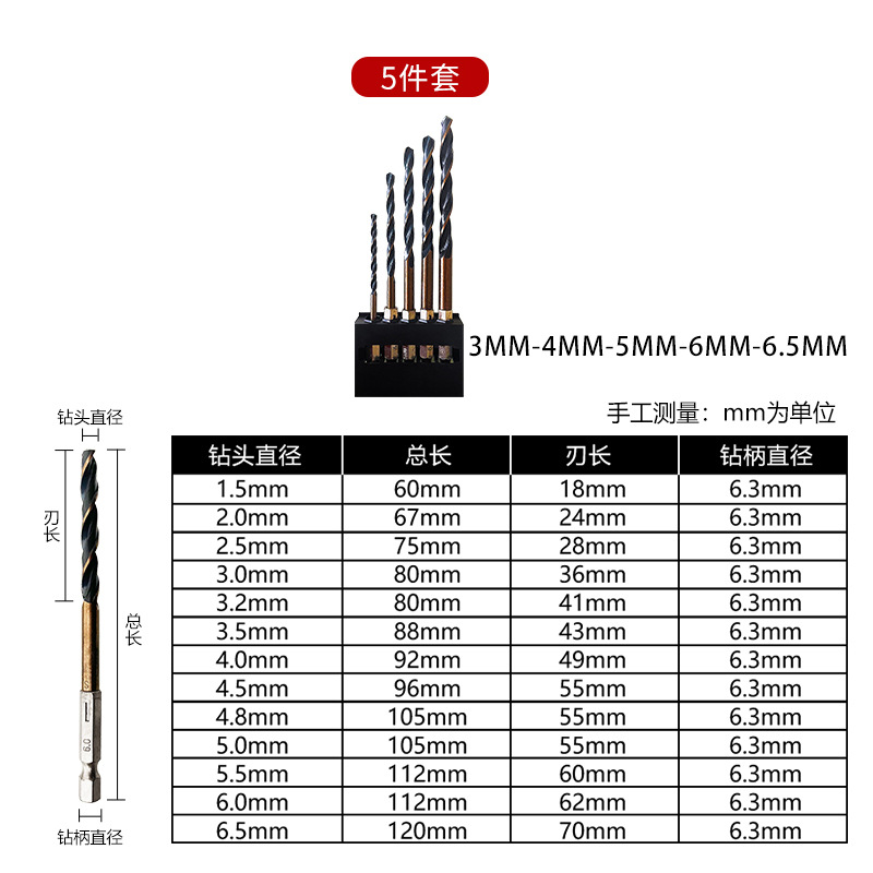 Broca de acero inoxidable de mango hexagonal de 13 piezas 4341 Broca helicoidal de dos colores negra y amarilla de acero de alta velocidad 1.5-6.5 Juego