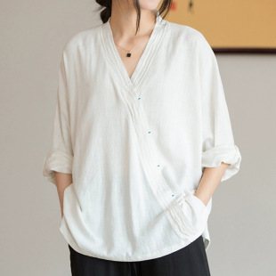 Vintage Cotton Linen Chinese Style Women's Zen Tea Suit Buddha Style Oblique Top plus size Husses' Suit Yoga Shirt