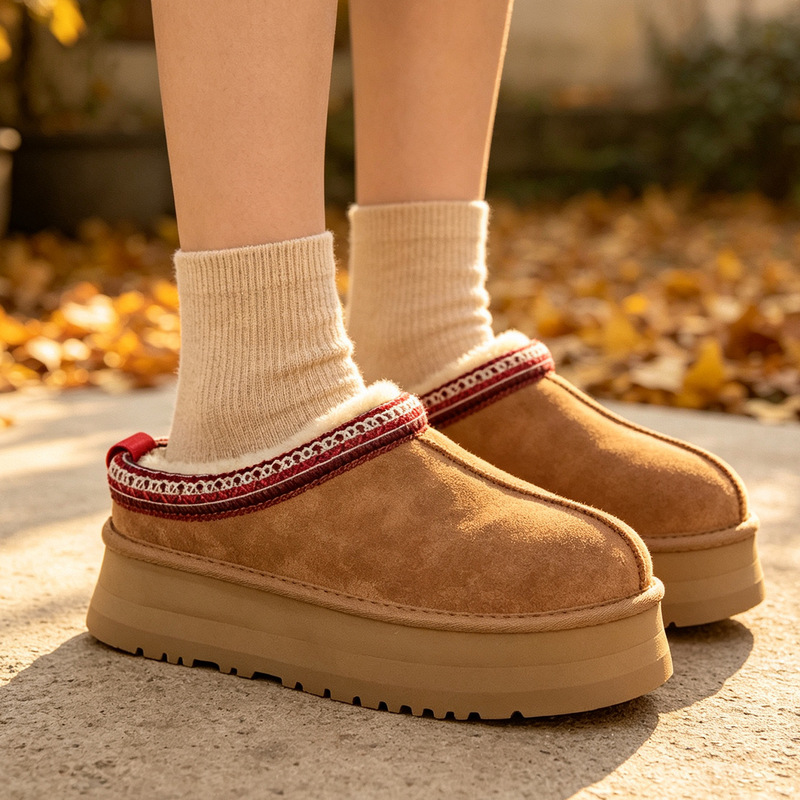 Thick-soled snow boots, winter sheepskin, ethnic-style lace-up, height-increasing, warm slippers, high heels, 9k thick soles, ethnic style