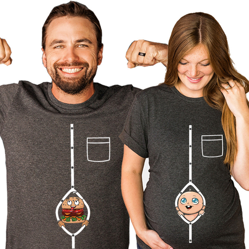 Hamburger doll peeking cartoon clothes pocket pregnant women couple clothes T-shirt European and American Funny Creative Valentine's Day