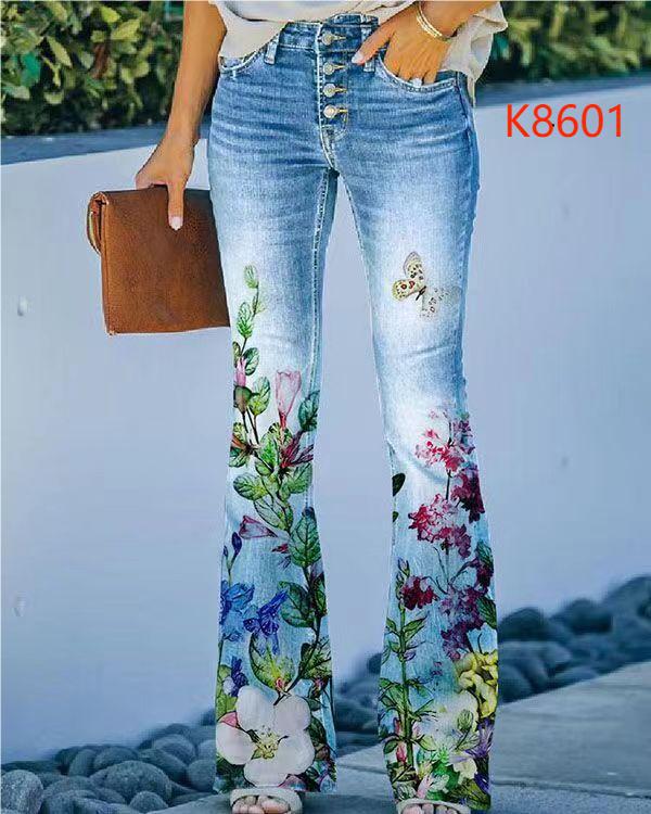 Women's clothing temperament slim micro digital printed imitation denim trousers thin_voghion.com