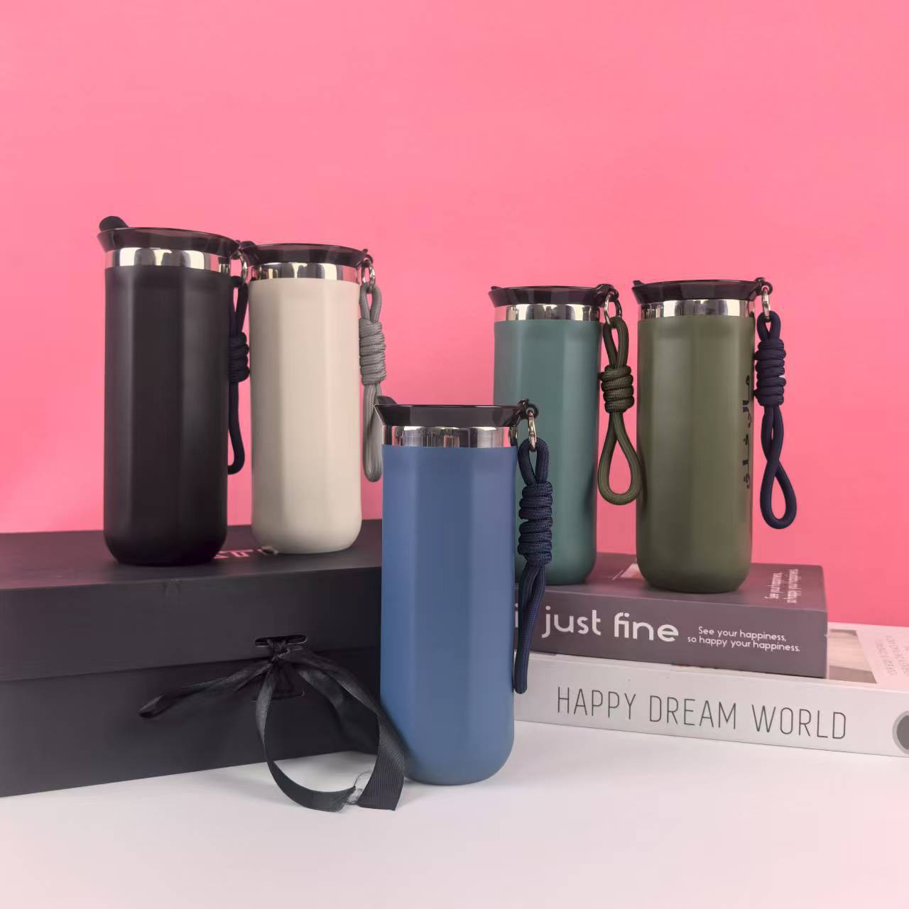 Cross-Border New Fashion Octagonal Cup 304 Stainless Steel Coffee Cup Leak-Proof Rope Thermos Cup Company Gift Cup