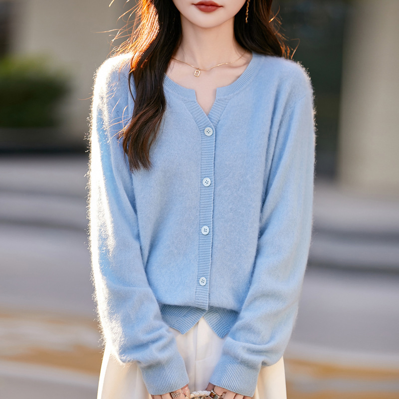 2025新款女士羊绒衫圆领开衫无缝一体100%纯羊毛衫拉毛羊绒毛衣|undefined