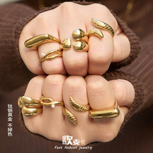 简约设计不锈钢几何造型开口食指戒组合镀18k金欧美跨境热销饰品