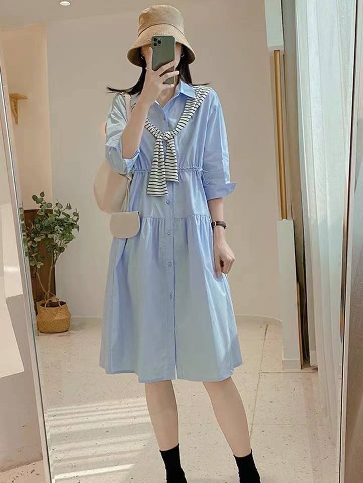 Váy liền áo sơ mi nữ kiểu Pháp cổ điển thiết kế sang trọng mùa hè — Màu xanh lam chi tiết 2