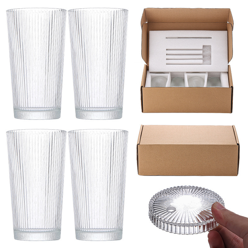 Vaso de vidrio con rayas, con tapa y pajita, para café/cóctel - Mayorista