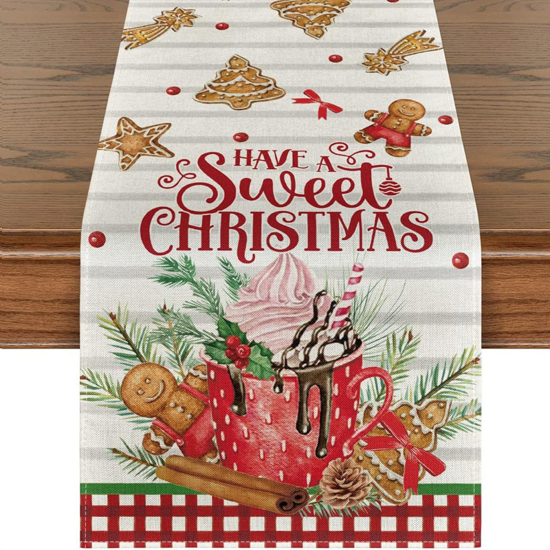 Camino de mesa navideño con estampado de muñeco de nieve y Santa