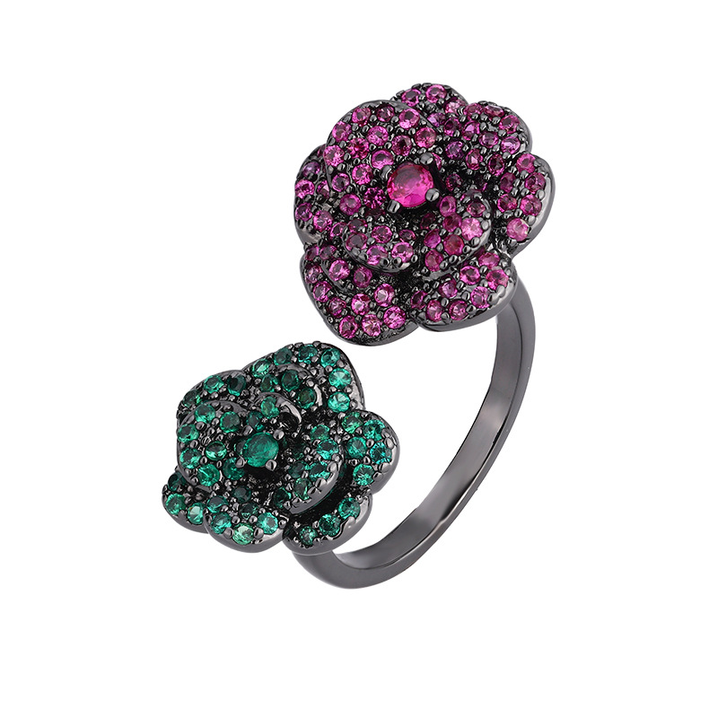 2024 nueva joyería Zhuang Shengsheng fondo de cobre chapado en oro simulación corindón rojo oro negro flor eterna anillo de personalidad mujer