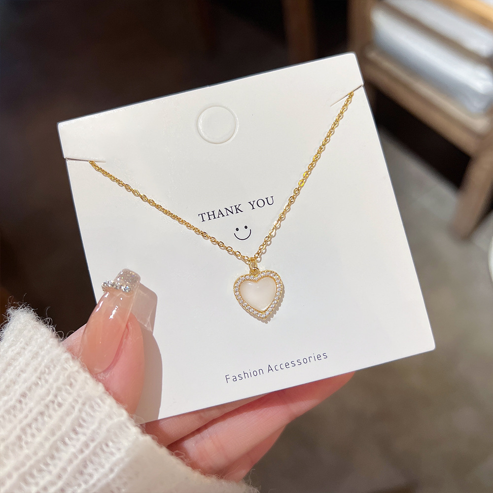 Fashion Heart Shape opal Titanium Steel Inlay Rhinestones Pendant Necklace 1 Piece