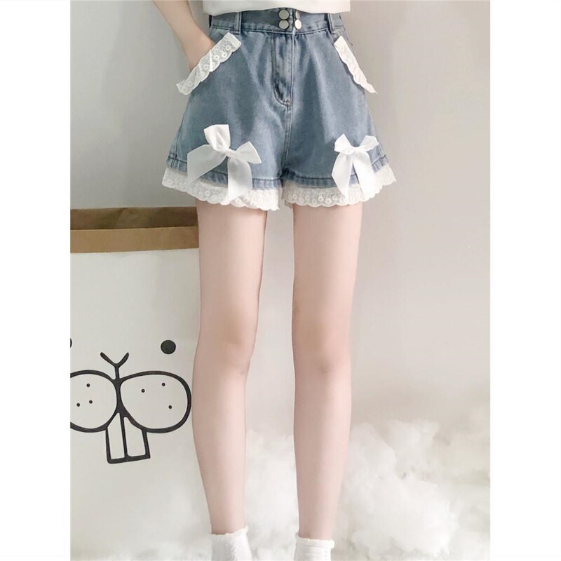 Designed Denim Shorts for Women, New Summer Style, Soft Girl Student Style, Cute Bow Lace High-Waisted Wide-Leg Pants