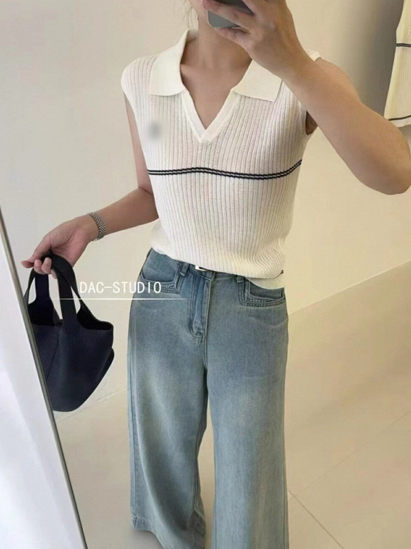 小刺绣V领撞色条纹针织马甲女2025夏季新款韩系修身显瘦无袖上衣|undefined