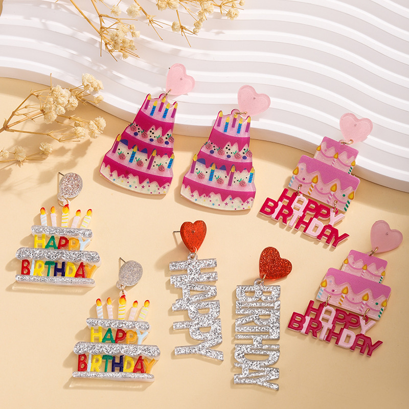 Fashionable Birthday Cake Earrings, Birthday Party Photo Props, Acrylic Trendy Earrings