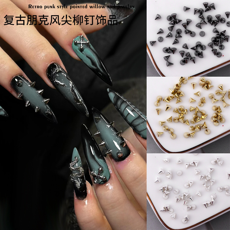 Conical Pointed Rivet Nail Art Decorations, Round Pointed Cones, Gold and Silver Gunmetal Black Flat-Bottomed Nail Accessories, 30 Pieces of Dried Flowers for Nail Art