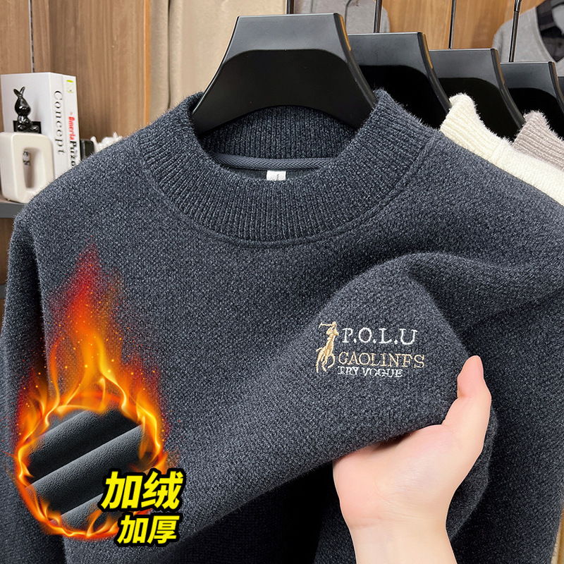 Fleece-Lined Thickened Non-Pilling Sweater for Men, New Autumn and Winter Embroidered Ferret Fleece Warm and Cold-Resistant Base Knit Sweater for Men