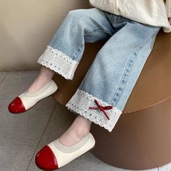 女童花边拼接长裤2025新款春秋韩系百搭蝴蝶结牛仔裤春秋中小童款