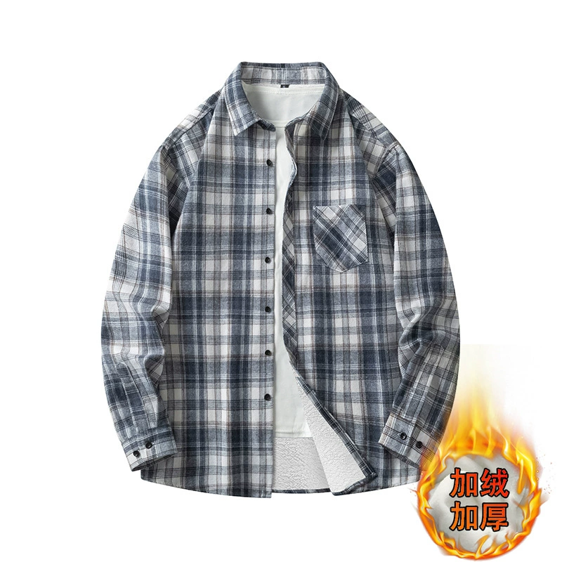 2024 зимний новый (трансграничный источник) мода для мужчин плюс бархатный толстый клетчатый рубашка с длинными рукавами