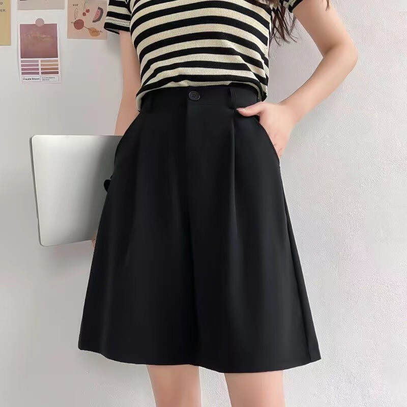 Suit shorts women's summer thin loose straight pants high waist slimming black casual A- line wide leg cropped pants